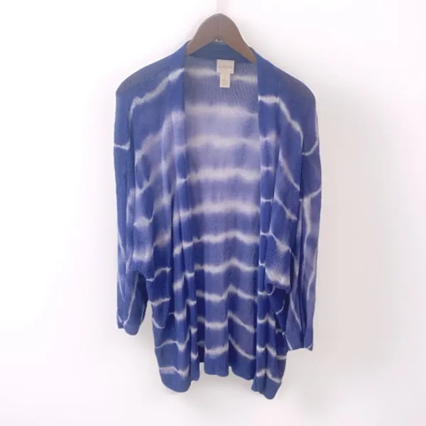 Chico’s Farida Tie Dye Linen Open Mesh Knit Cardigan Womens M Blue Coastal Boho - Image 2