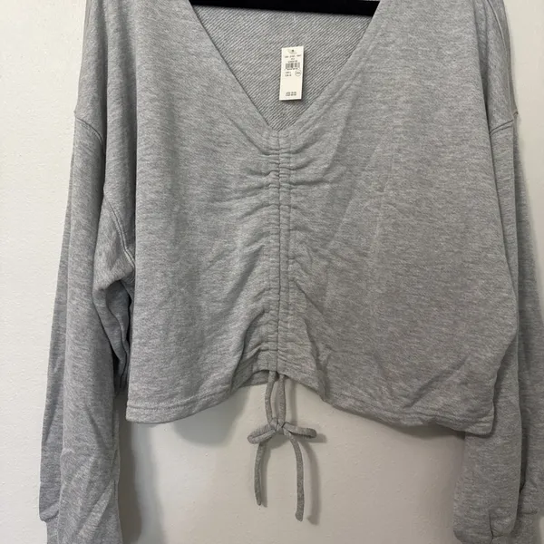 OFFLINE by Aerie Gray Knit Cropped Top Size Large Drawstring Ruched Thumb Holes - Image 2