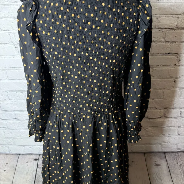 Madewell lucie smocked v neck mini dress Black Dress with Gold Dots size medium - Image 14