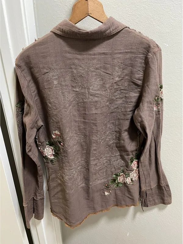 Y2K De Sport Aziza Brown Button Up Shirt Boho Embroidered M - Image 3