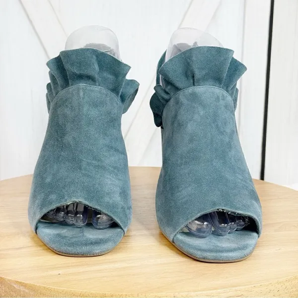 Seychelles by Anthropologie Sightseeing Suede Slingback Peep Toe Heels‎ Teal 9 - Image 3
