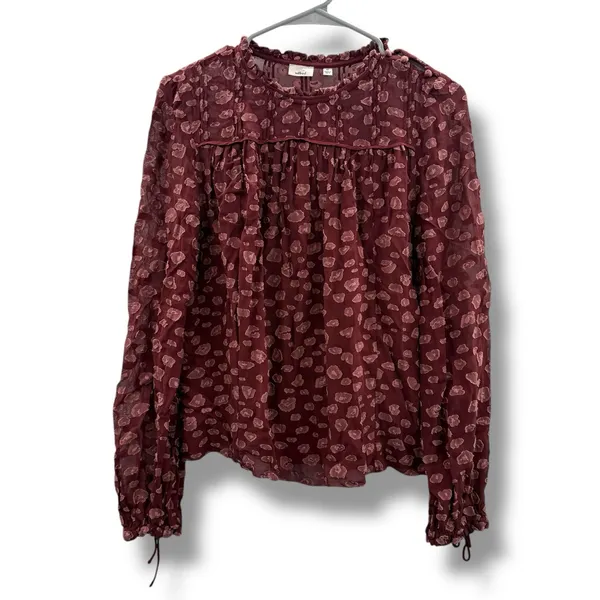 Aritzia Wilfred Lourdes‎ Burgundy Dot Print Tie Long Sleeve Top Sz XS - Image 2