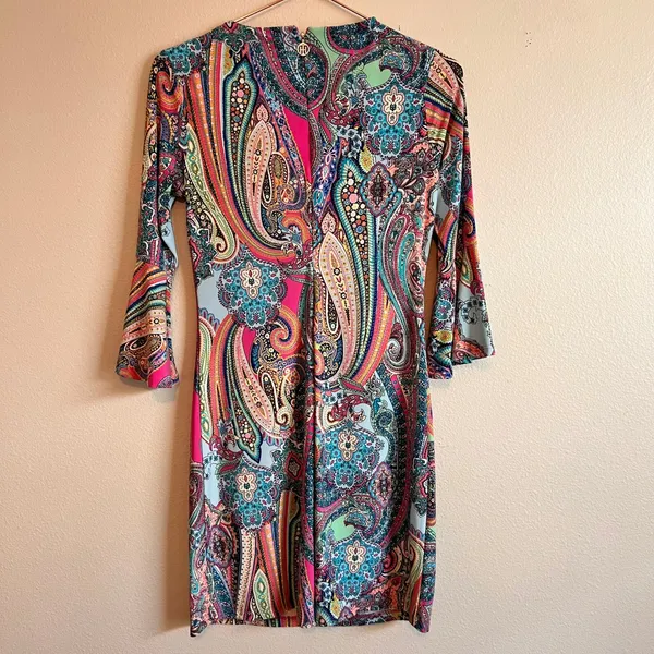 Tommy Hilfiger Dress 2 Multi Paisley Bell Sleeve Sheath Boho Modern Classic - Image 7
