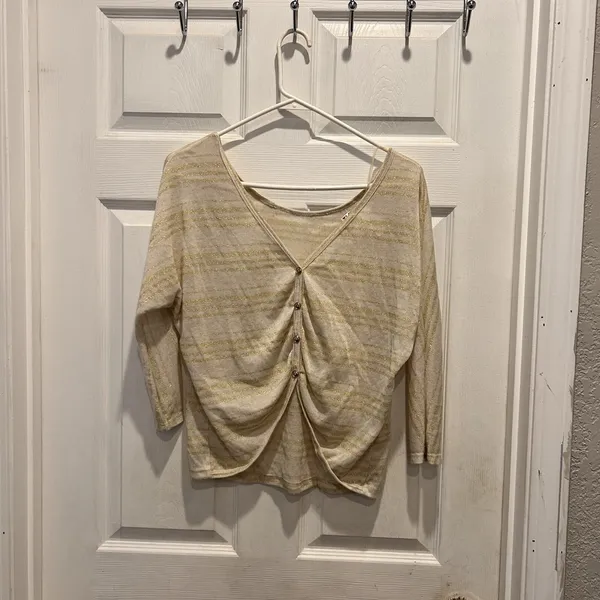 Tea N Rose Womens Gold Metallic Striped Ruched Back Top Cream‎ Large Festival - Image 5