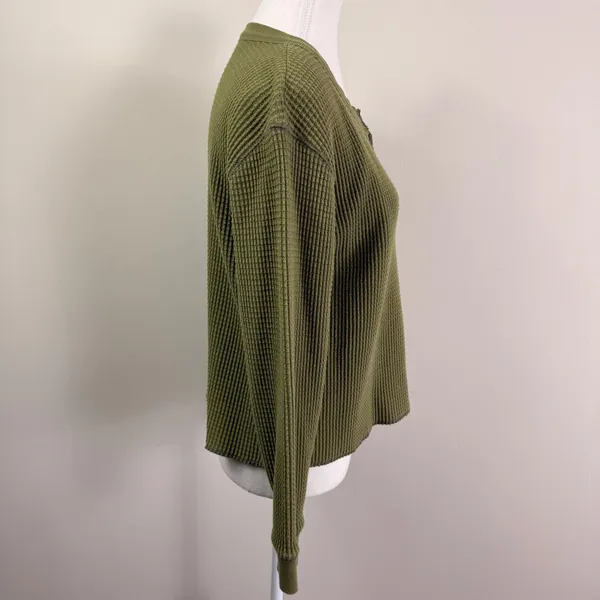 Madewell Womens Olive Green Waffle Knit Notch Neck Thermal Top Size Medium - Image 3