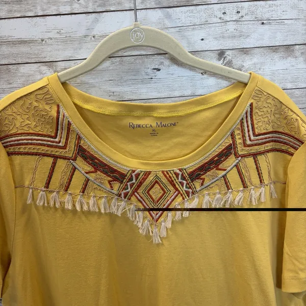 Rebecca Malone Womens XL Top Southwestern Yellow Embroidered Boho Tassel Fringe - Image 3