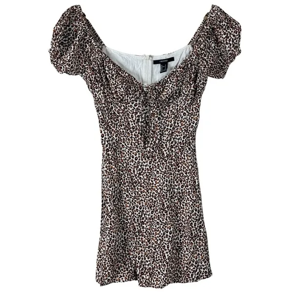 Womens Leopard Print Mini Dress Brown Animal Puff Sleeve Tie Front Size S - Image 2
