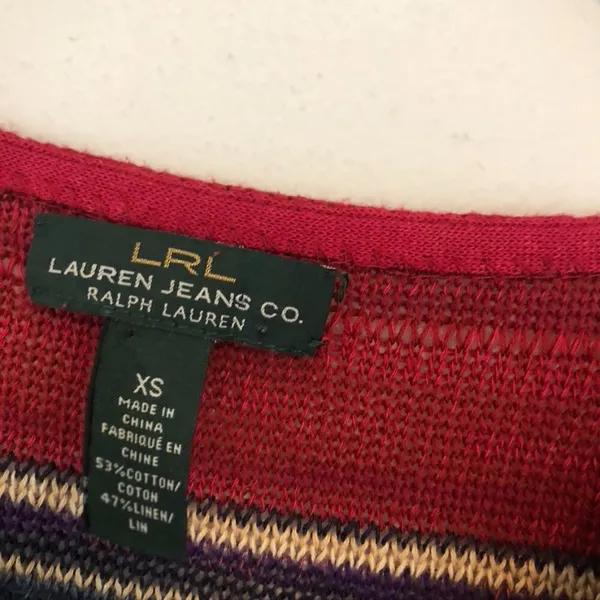 RALPH LAUREN JEANS CO LRL Red Navy Blue Striped Cotton Linen 3/4 Sleeve Sweater - Image 4