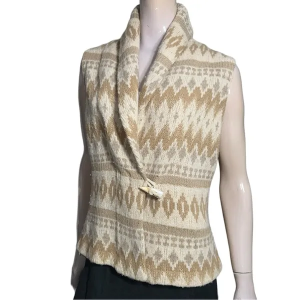 Ralph Lauren Women’s Size M Southwestern Aztec Cream Tan Horn Wool Sweater Vest - Image 3