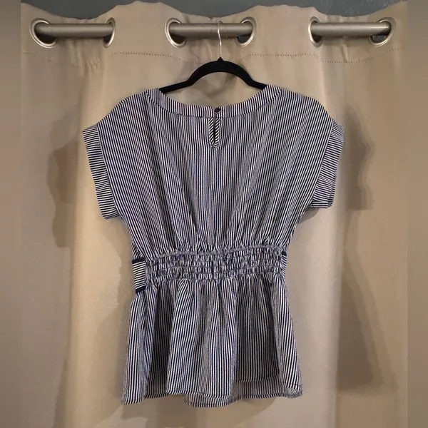 Monteau Navy Blue and White Striped Blouse - Image 2