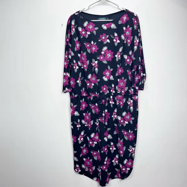 NWT Ralph Lauren Purple Black‎ Floral Tie Waist 3/4 Sleeve Stretch Dress Size 1X - Image 3