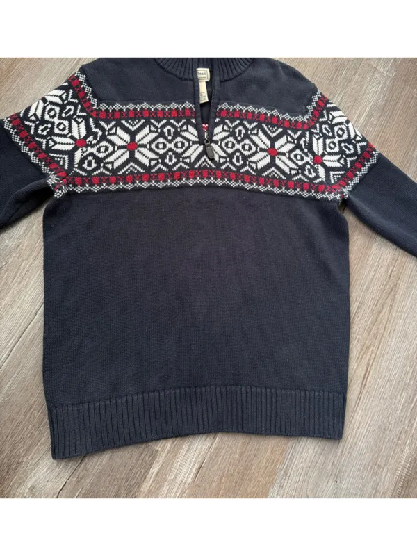 VTG L.L. Bean Cotton Quarter Zip Sweater Red White Navy Fair Isle Cottage Size M - Image 3