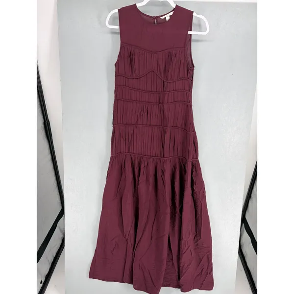 H&M Womens Dress Burgundy Tiered Pleated Sleeveless Midi Small - Image 2