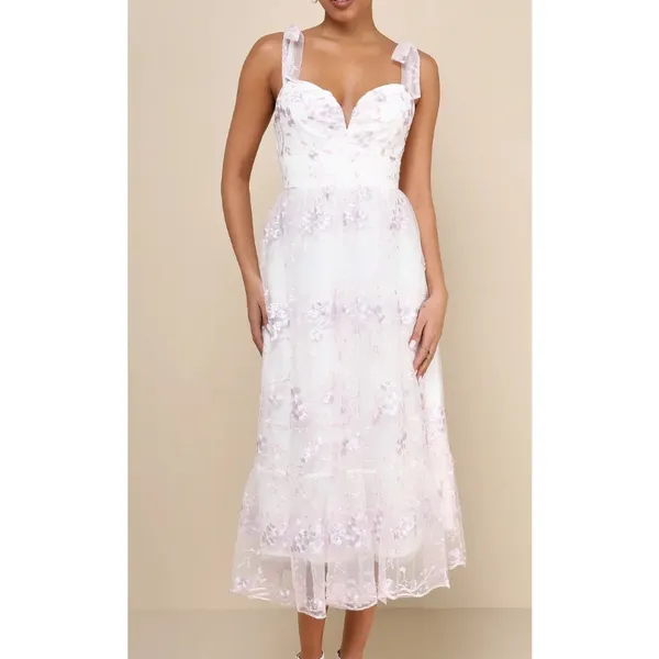 Lulus Distinctly Sweet White Floral Embroidered Tie-Strap Midi Dress - Image 2