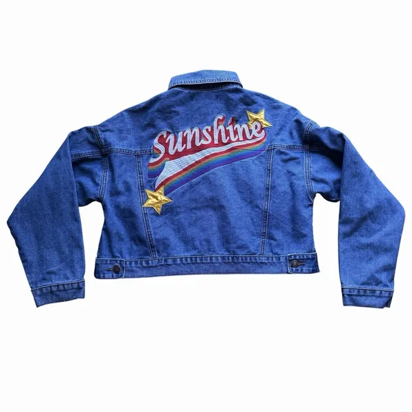 Y2k Sunshine Stars Embroidered Denim Jean Jacket Size Medium‎ Cropped - Image 4