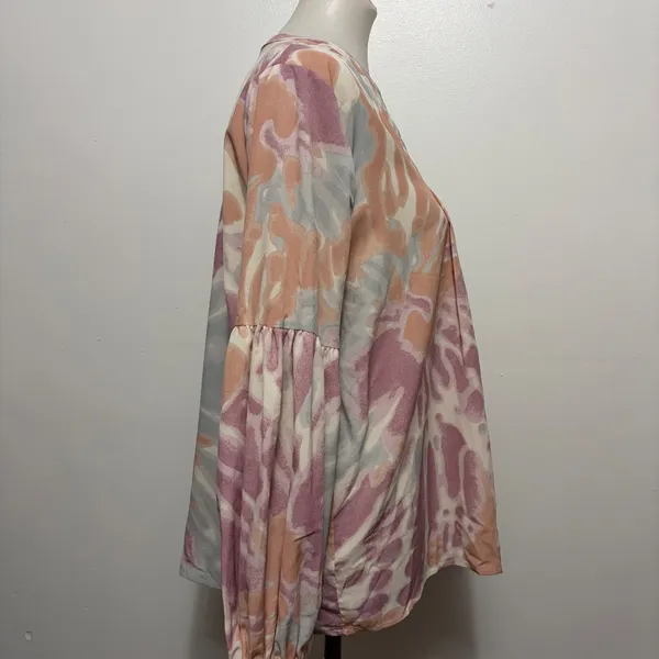 Entro Blouse Large Pastel Tie Dye Balloon Sleeve V-Neck Boho Festival Watercolor - Image 4