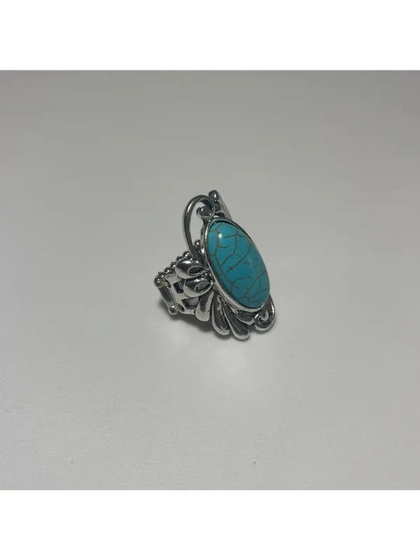 Turquoise Statement Ring unmarked silver tone boho chic festival wear Blue - Image 5