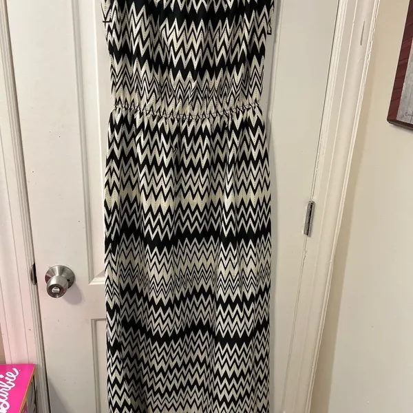San Carro New York Strapless Maxi Dress Womens Large Black White Chevron NWT - Image 4