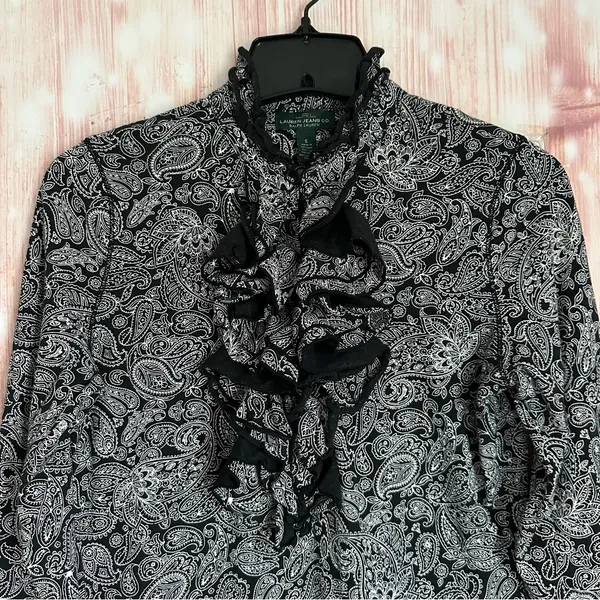Lauren Ralph Lauren Black White Paisley Ruffle Front Long Sleeve Blouse Sz S - Image 3