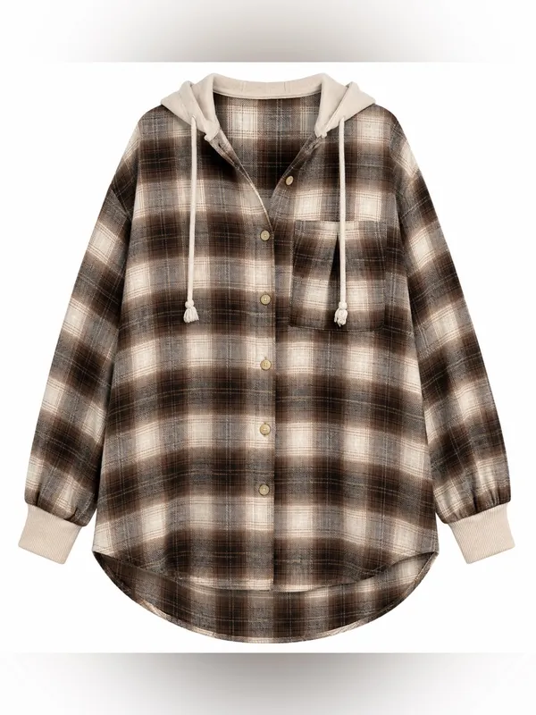 American Eagle Brown Plaid Hooded Flannel Shacket Women’s Small - Image 2