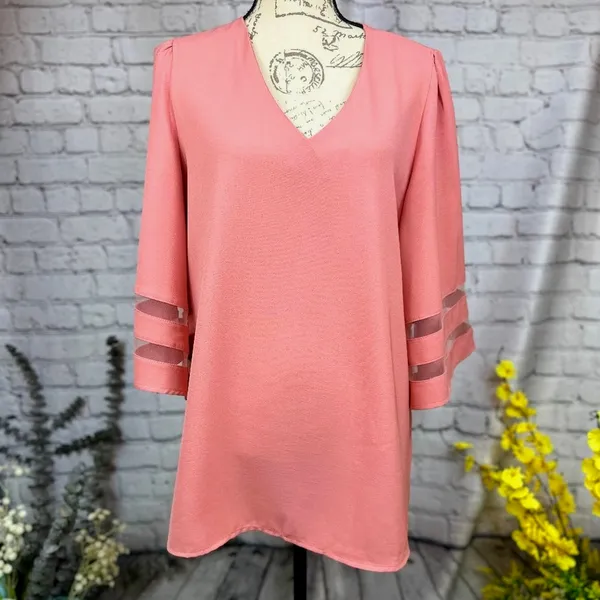 Casual V Neck 3/4 Bell Sleeve Mesh Panel Blouse Coral XL - Image 5