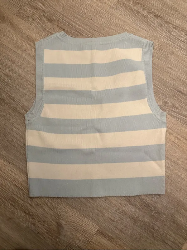 Zara Blue and Cream Striped Knit Tank Top M - Image 2
