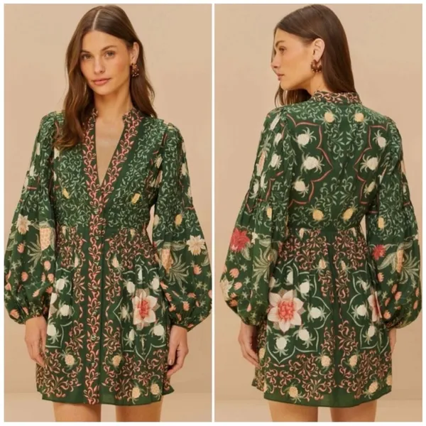 FARM Rio Green Pineapple Garden Long Sleeve Mini Dress M - Image 2