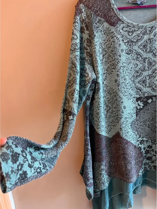 Tempo Paris Patchwork Asymmetrical Tunic Top | Sage Green Floral Layered Boho - Image 4