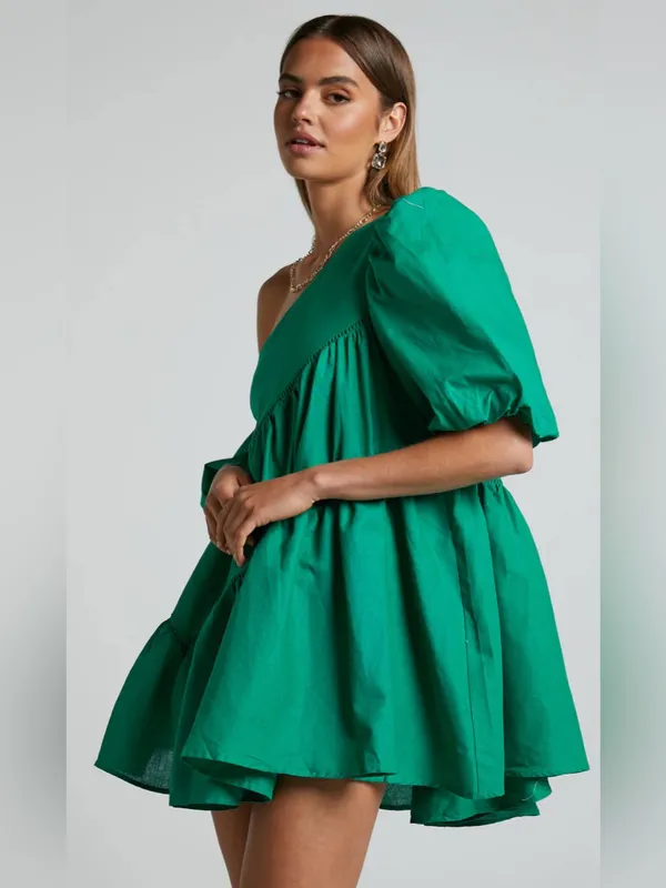 Showpo HARLEEN MINI DRESS Linen Asymmetrical Trim Puff Sleeve Dress In Green 10 - Image 2