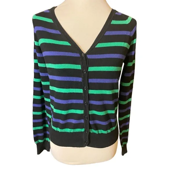 XXI Womens Cardigan Sweater Stripe Long Sleeve Button Front V Neck Blue Large - Image 2