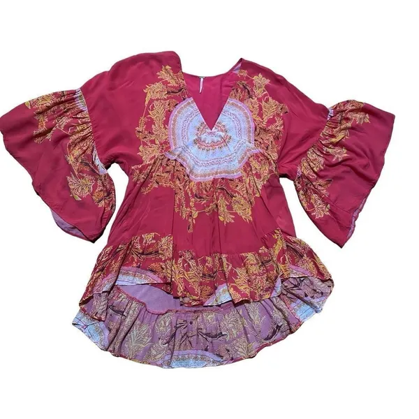 Free People Sunset Dreams printed flare sleeve blouse sz Small red‎ - Image 6