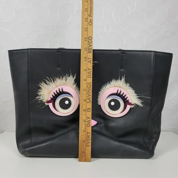 Kate Spade Womens Shoulder Bag Black Monster Eyes Hallie 100% Cow Leather Tote - Image 3