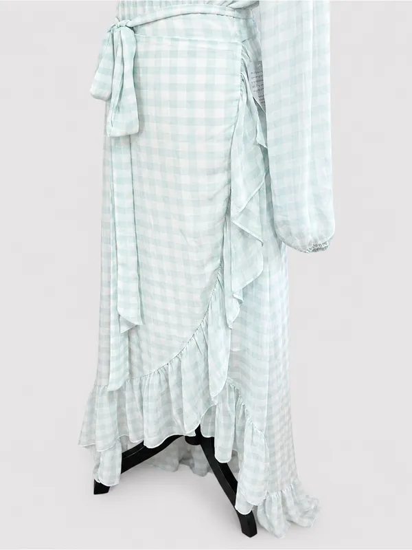 WAYF Blue White Gingham Wrap Ruffle Hi Low Midi Dress NWT M Cottagecore - Image 7