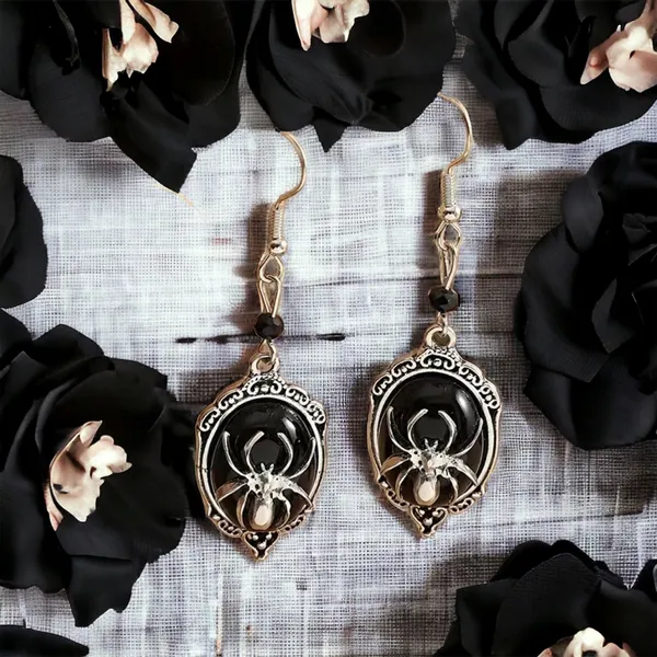 Gothic Retro Style Black Gemstone Spider Earrings Faux Fashion Jewelry‎ - Image 3