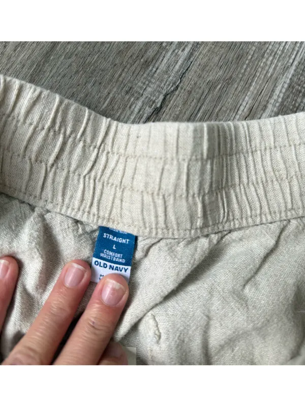 Old Navy Relaxed Linen Beach Pants Lounge Pants High Rise Straight Leg Beige Tan - Image 6