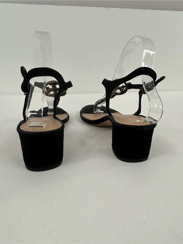 Tory Burch Black Suede Crystal Logo T-Strap Block Heel Sandals Size 9.5 - Image 5