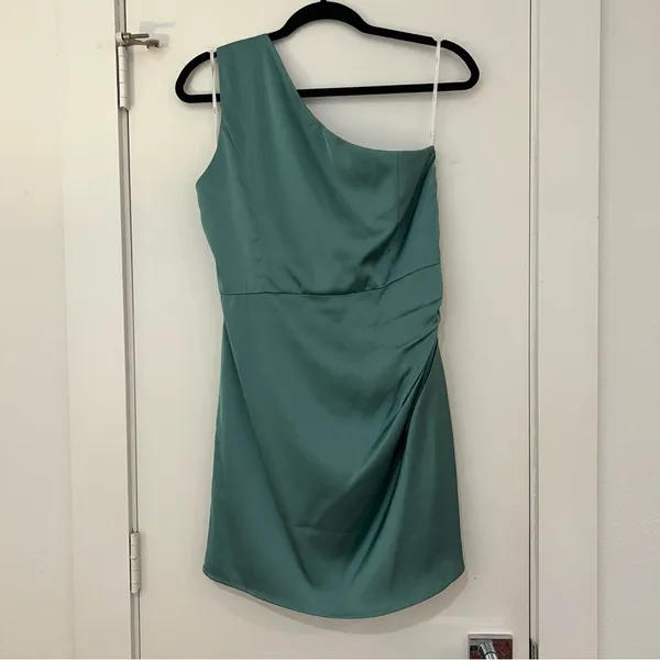 Lulu’s Love Me Tonight Sage Green Satin One-Shoulder Mini Dress - Image 5