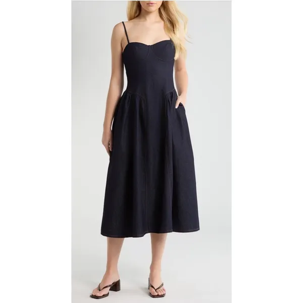ASTR Margaux The Label Dark Wash Denim Bustier Midi Dress XS Blue NEW - Image 2