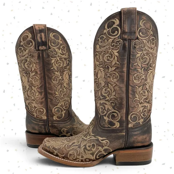 Corral Boots Brown Tan Embroidered Square Toe Western Cowboy Roper Rodeo Size 6 - Image 2