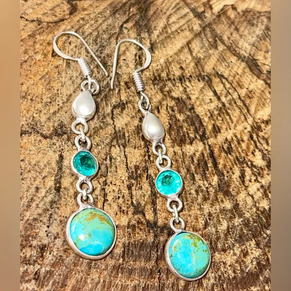 Stabilized Turquoise & Pearl Earrings 2 1/4” - Image 3
