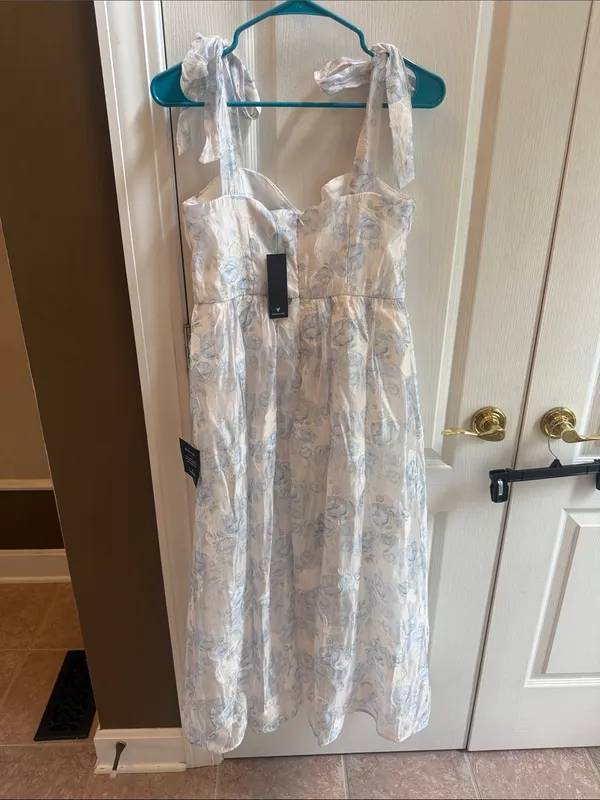 Lulu's White Midi Dress with Pale Blue Floral Print and Tie Shoulders - Image 2