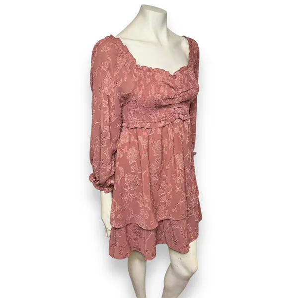 Pink Lily | Textured Floral Long Sleeve Cinched Bust Smocked Mini Tiered Dress L - Image 9