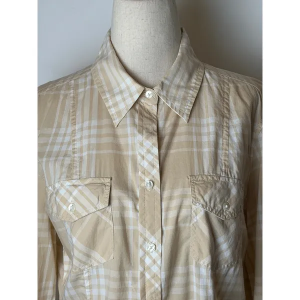 Banana Republic Button Down Shirt Women Medium Tan Plaid Cotton Top Preppy - Image 7