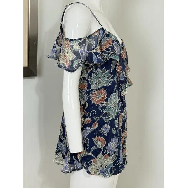 Maeve Anthropologie Womens Size 2 Blue Floral Off Shoulder Ruffle Blouse Top - Image 4