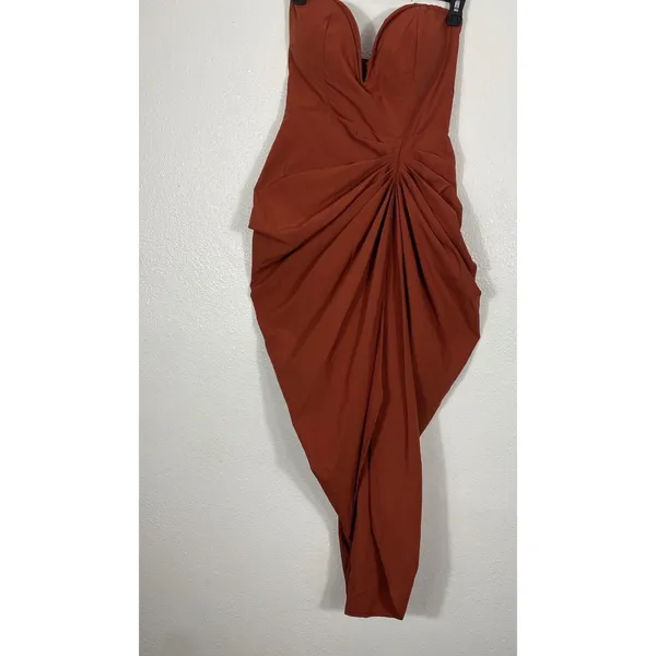 PRETTYLITTLETHING Rust Satin Strapless Ruched Side Slit Midi Dress Size 6 - Image 7