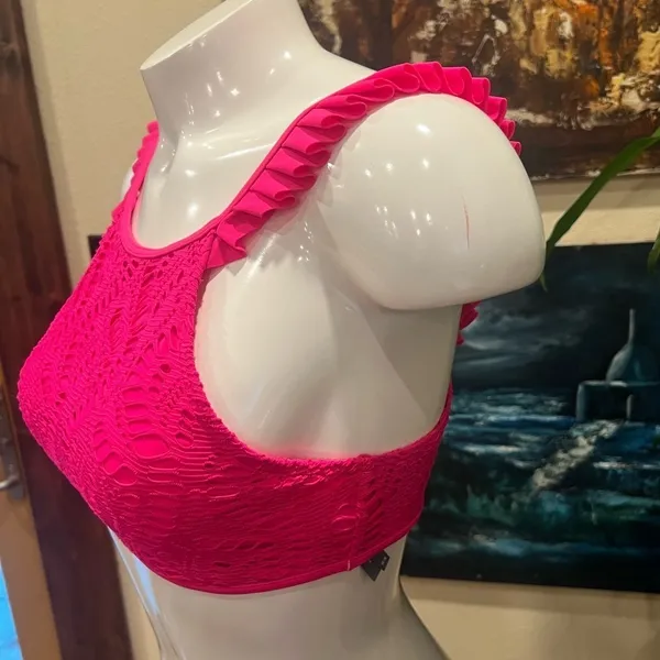 Aerie Hot Pink Crochet Lace High Neck Bikini Top with Ruffle Straps - Size M/M - Image 4