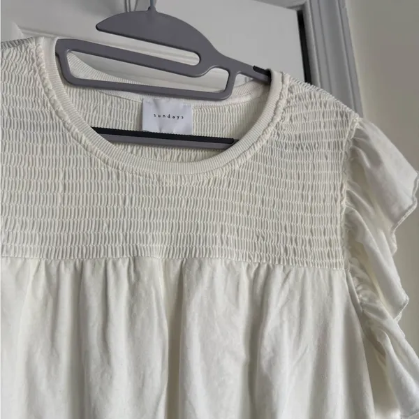 Anthropologie Sundays White Smocked Mini Dress Cotton Ruffle Sleeve - Size M - Image 7