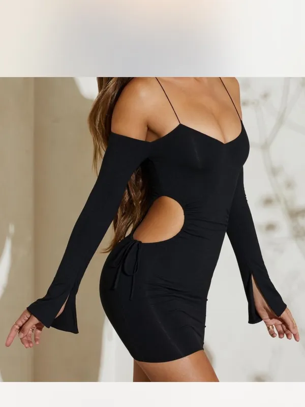 Oh Polly Black Off-Shoulder Cutout Mini Dress Sexy Black Little Dress Feminine - Image 3