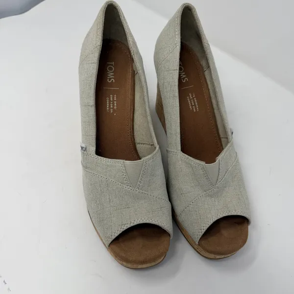 TOMS Canvas Peep Toe Wedge Sandal Oatmeal Natural Cork Heel Women Size 9 - Image 10