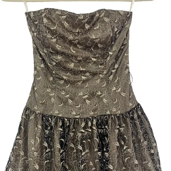 Jessica McClintock Gold Strapless Fit Flare Dress Floral Overlay Party‎ 2 Retro - Image 2